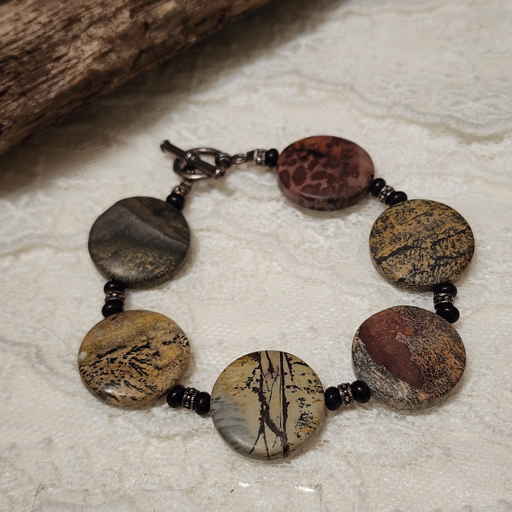 Boho Multicolor Stone Bracelet with Black And Silver Toned Toggle Clasp